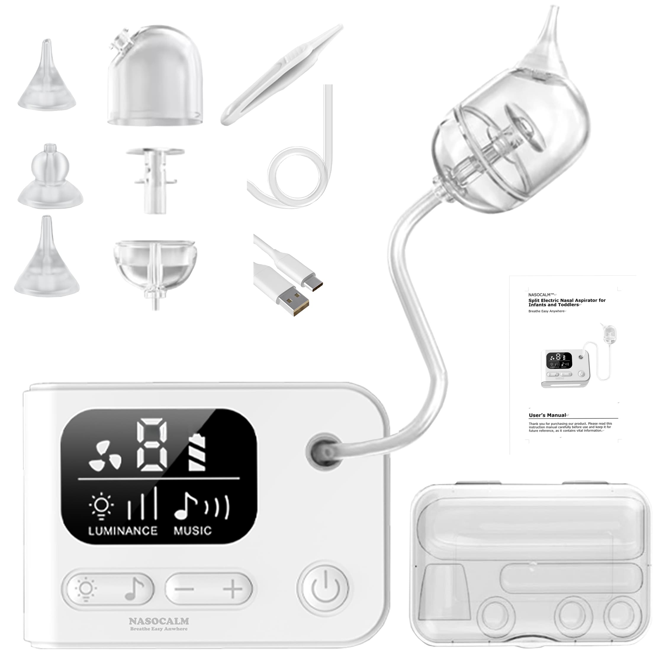 NASOCALM NASA608 Electric Nasal Aspirator for Infants & Toddlers | 9 Suction Levels, LED Nightlight & Soothing Music | Medical-Grade Silicone Tips, Anti-Backflow, Quiet & Portable Baby Nose Cleaner