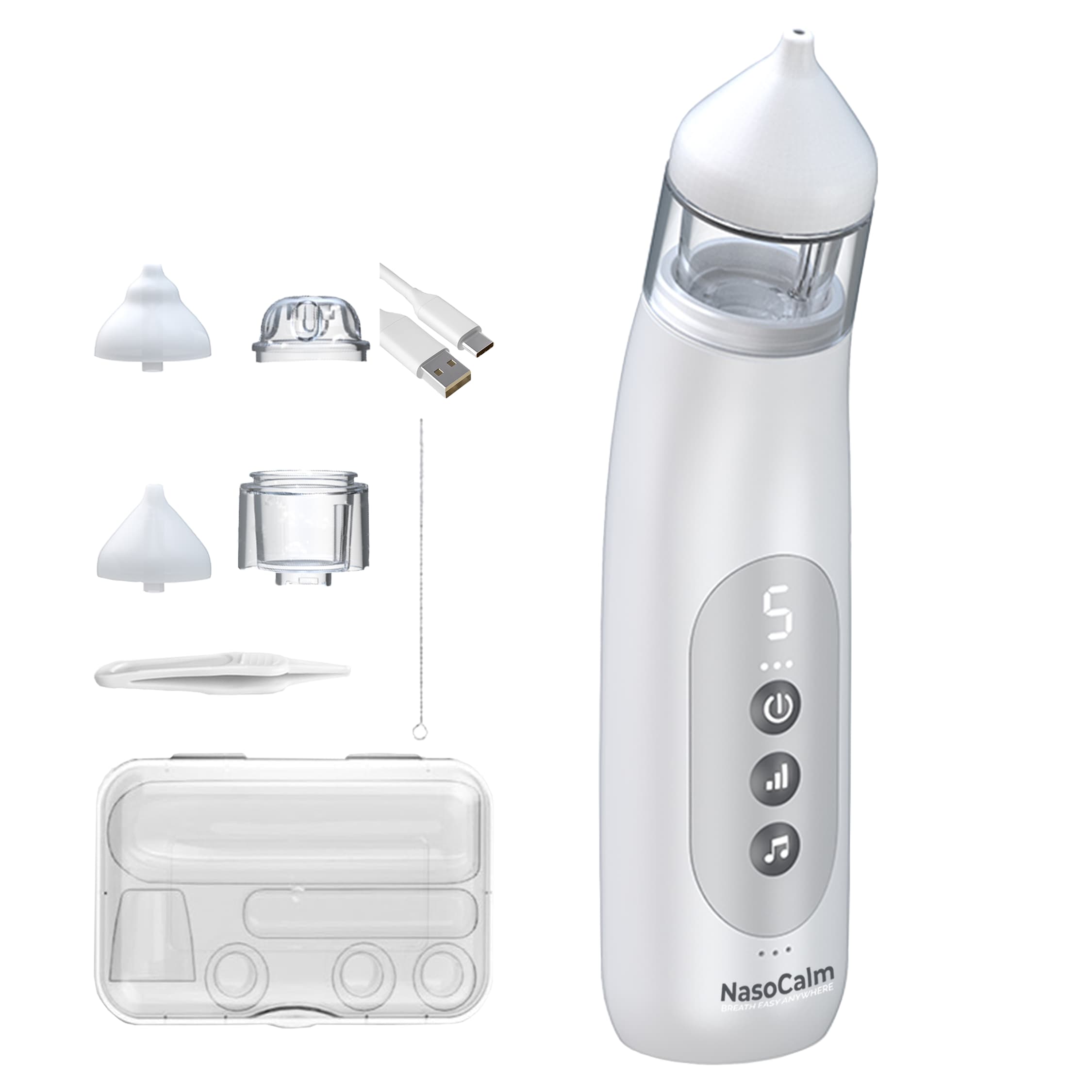 Nasocalm Portable Electric Nasal Aspirator for Infants & Toddlers – 5 Suction Levels, Ultra-Quiet, Anti-Backflow, LED Lights & Soothing Music, Easy-to-Clean, USB-C Rechargeable