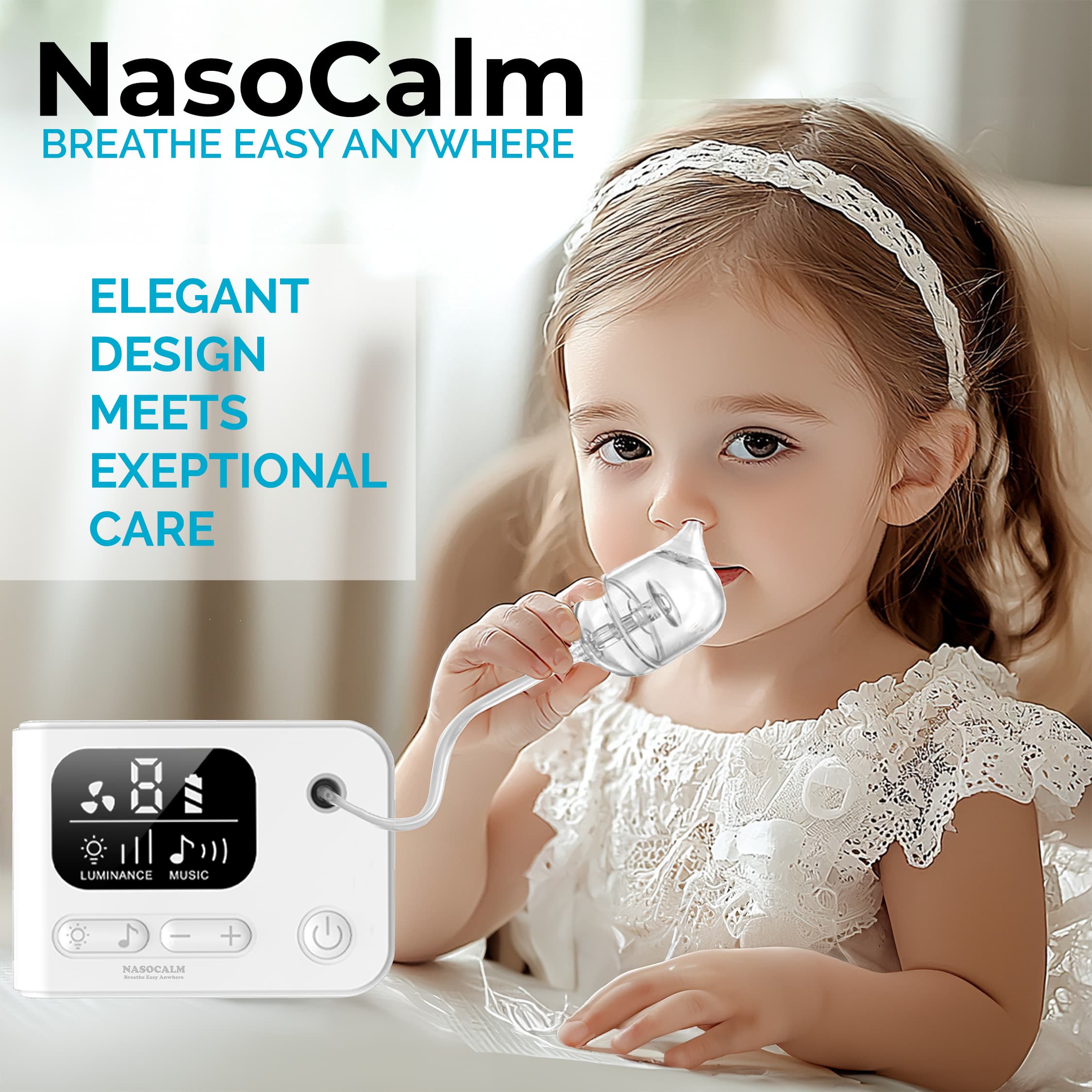NASOCALM NASA608 Electric Nasal Aspirator for Infants & Toddlers | 9 Suction Levels, LED Nightlight & Soothing Music | Medical-Grade Silicone Tips, Anti-Backflow, Quiet & Portable Baby Nose Cleaner