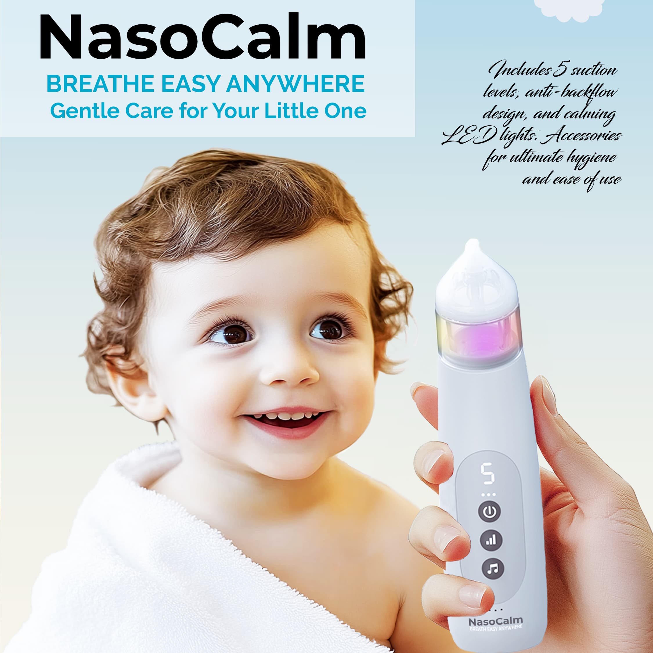 Nasocalm Portable Electric Nasal Aspirator for Infants & Toddlers – 5 Suction Levels, Ultra-Quiet, Anti-Backflow, LED Lights & Soothing Music, Easy-to-Clean, USB-C Rechargeable