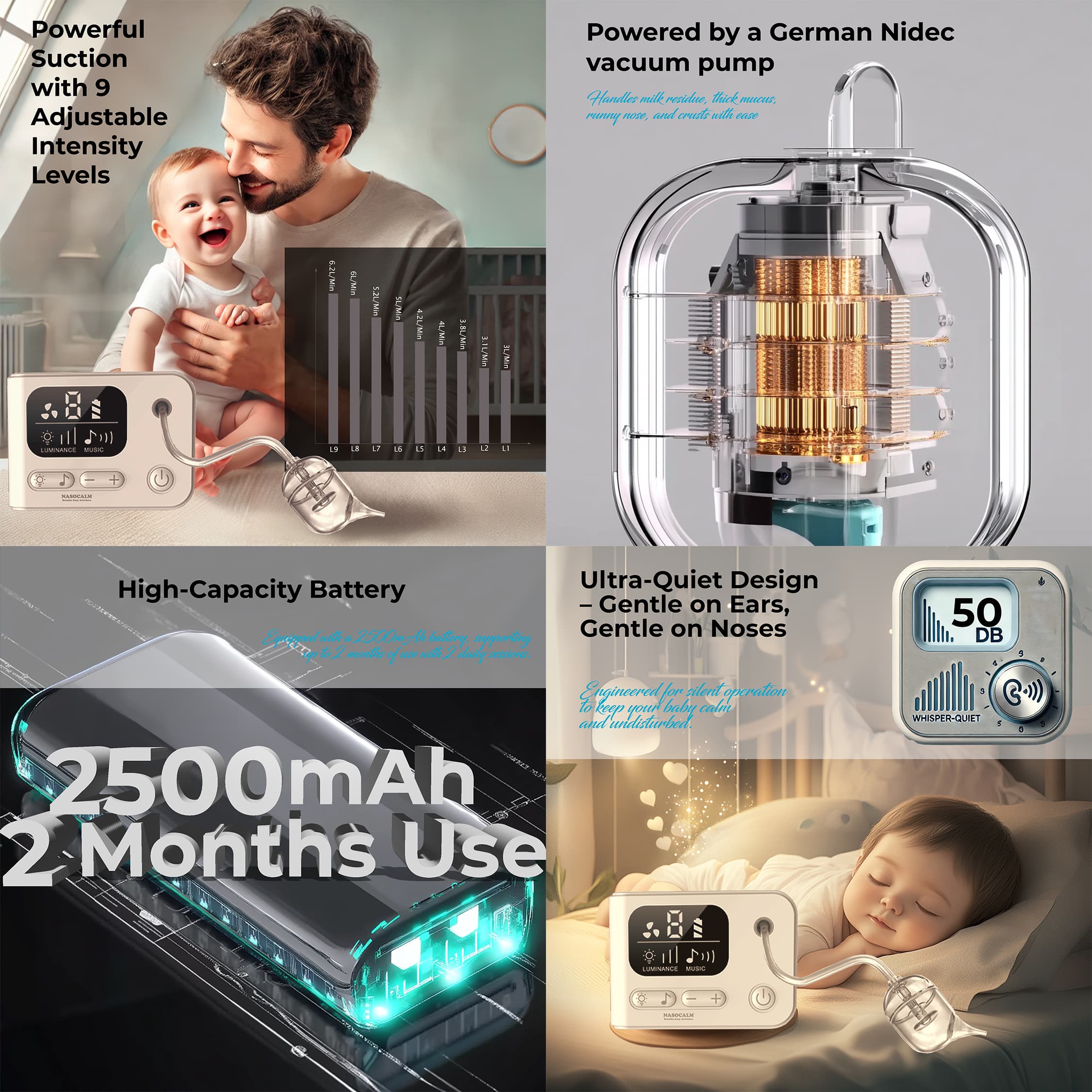 NASOCALM NASA608 Electric Nasal Aspirator for Infants & Toddlers | 9 Suction Levels, LED Nightlight & Soothing Music | Medical-Grade Silicone Tips, Anti-Backflow, Quiet & Portable Baby Nose Cleaner