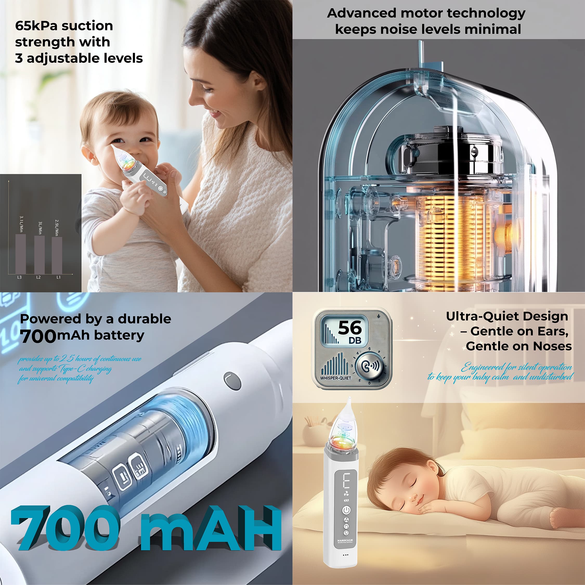 NASOCALM NASA009 Electric Baby Nasal Aspirator | Safe & Gentle Nose Cleaner for Infants & Toddlers | Adjustable Suction, LED Lights & Soothing Music | IPX5 Waterproof, Quiet, Portable & USB Rechargeable