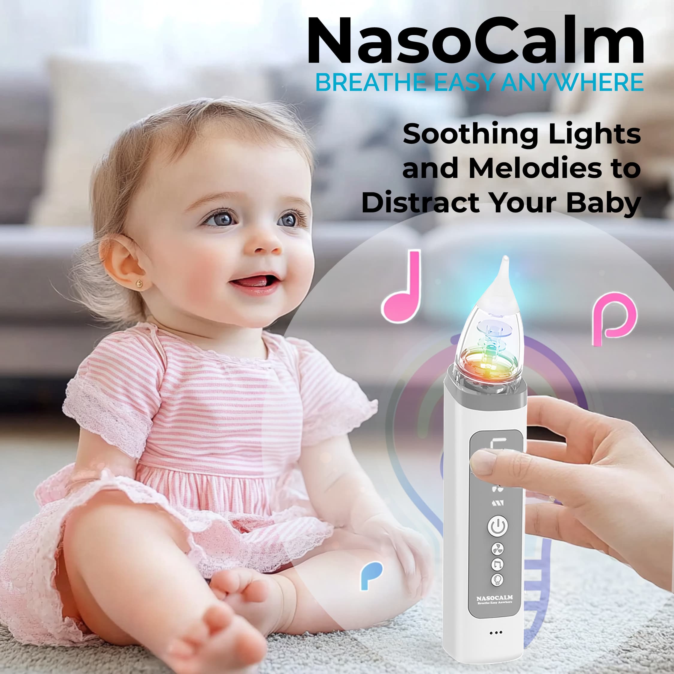 NASOCALM NASA009 Electric Baby Nasal Aspirator | Safe & Gentle Nose Cleaner for Infants & Toddlers | Adjustable Suction, LED Lights & Soothing Music | IPX5 Waterproof, Quiet, Portable & USB Rechargeable