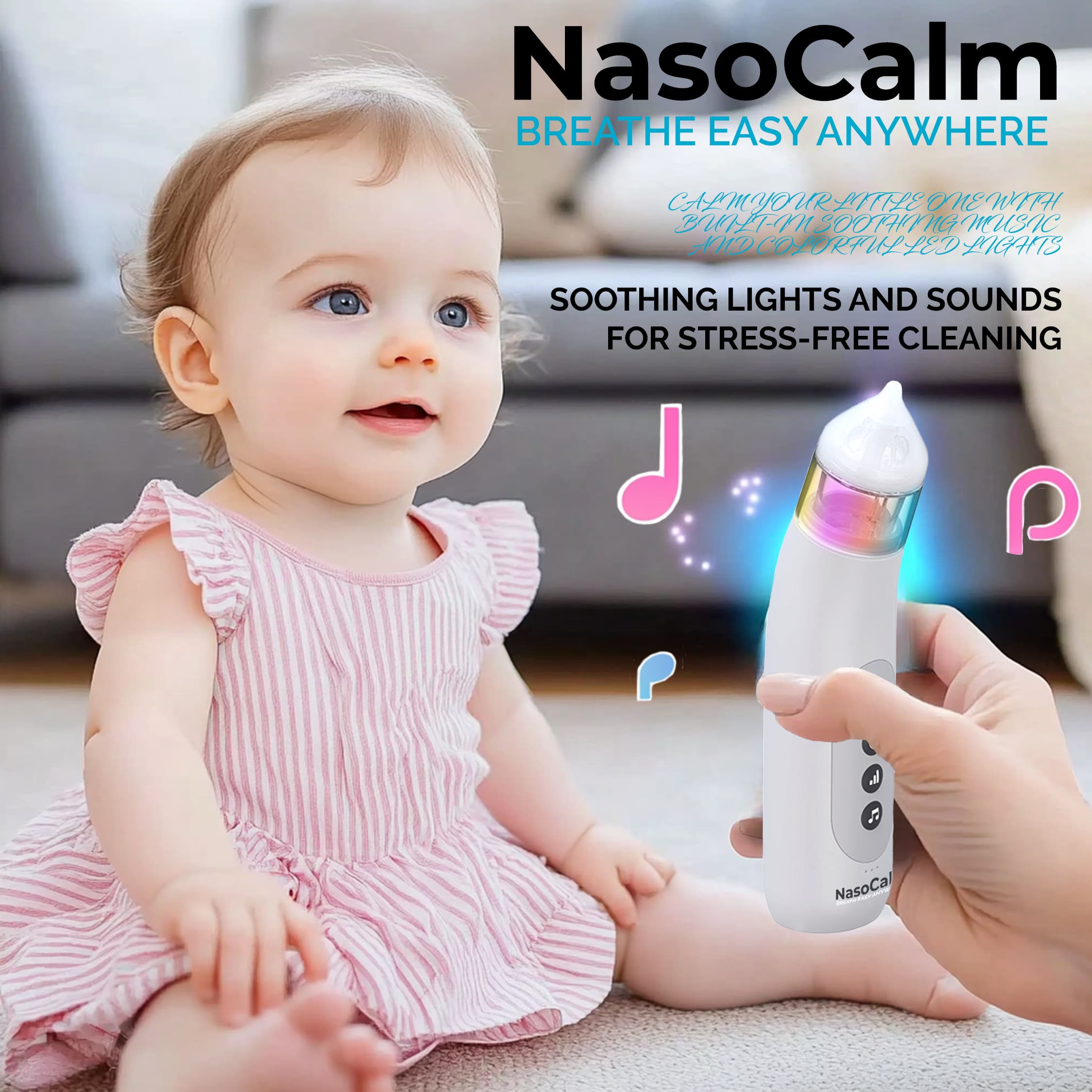 Nasocalm Portable Electric Nasal Aspirator for Infants & Toddlers – 5 Suction Levels, Ultra-Quiet, Anti-Backflow, LED Lights & Soothing Music, Easy-to-Clean, USB-C Rechargeable