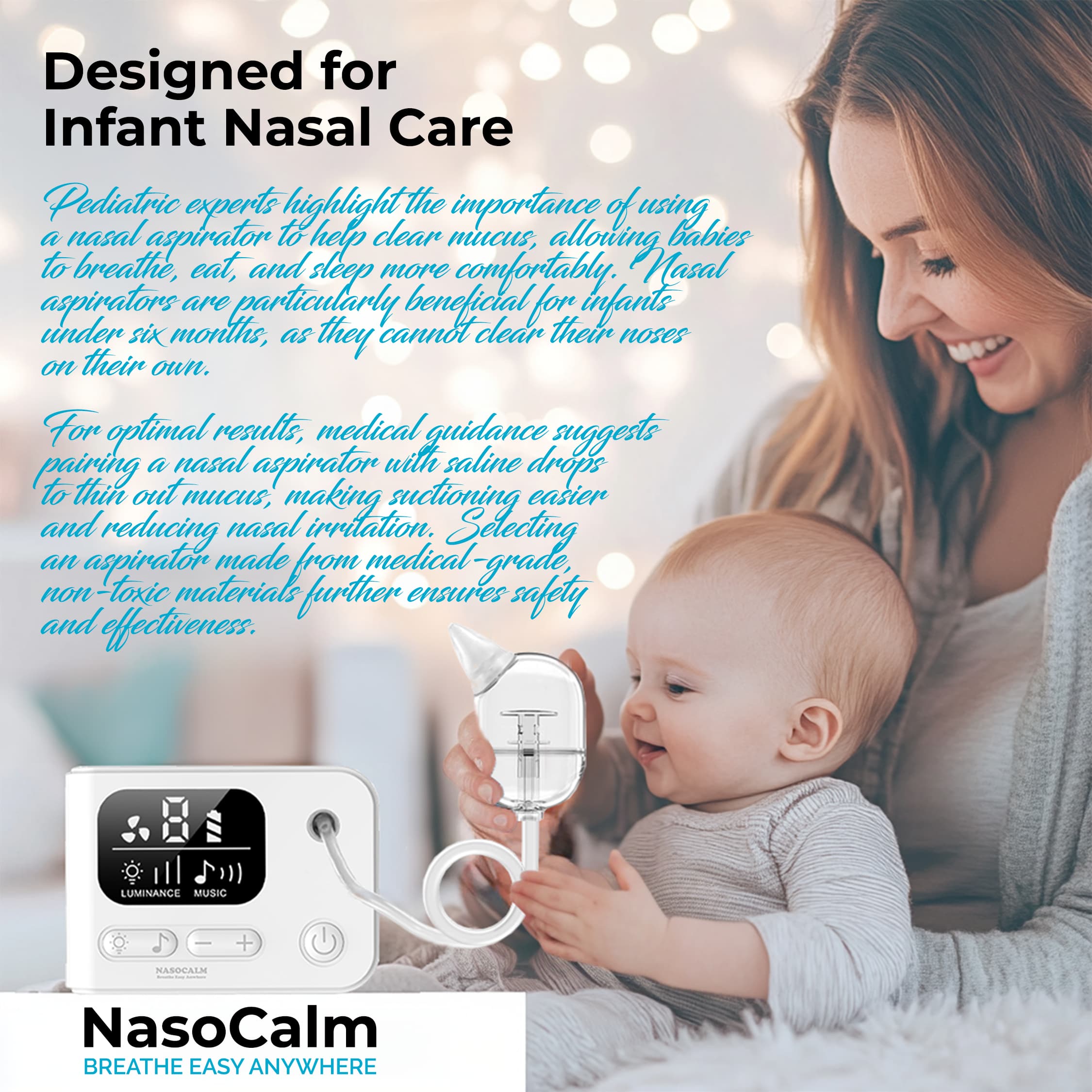 NASOCALM NASA608 Electric Nasal Aspirator for Infants & Toddlers | 9 Suction Levels, LED Nightlight & Soothing Music | Medical-Grade Silicone Tips, Anti-Backflow, Quiet & Portable Baby Nose Cleaner