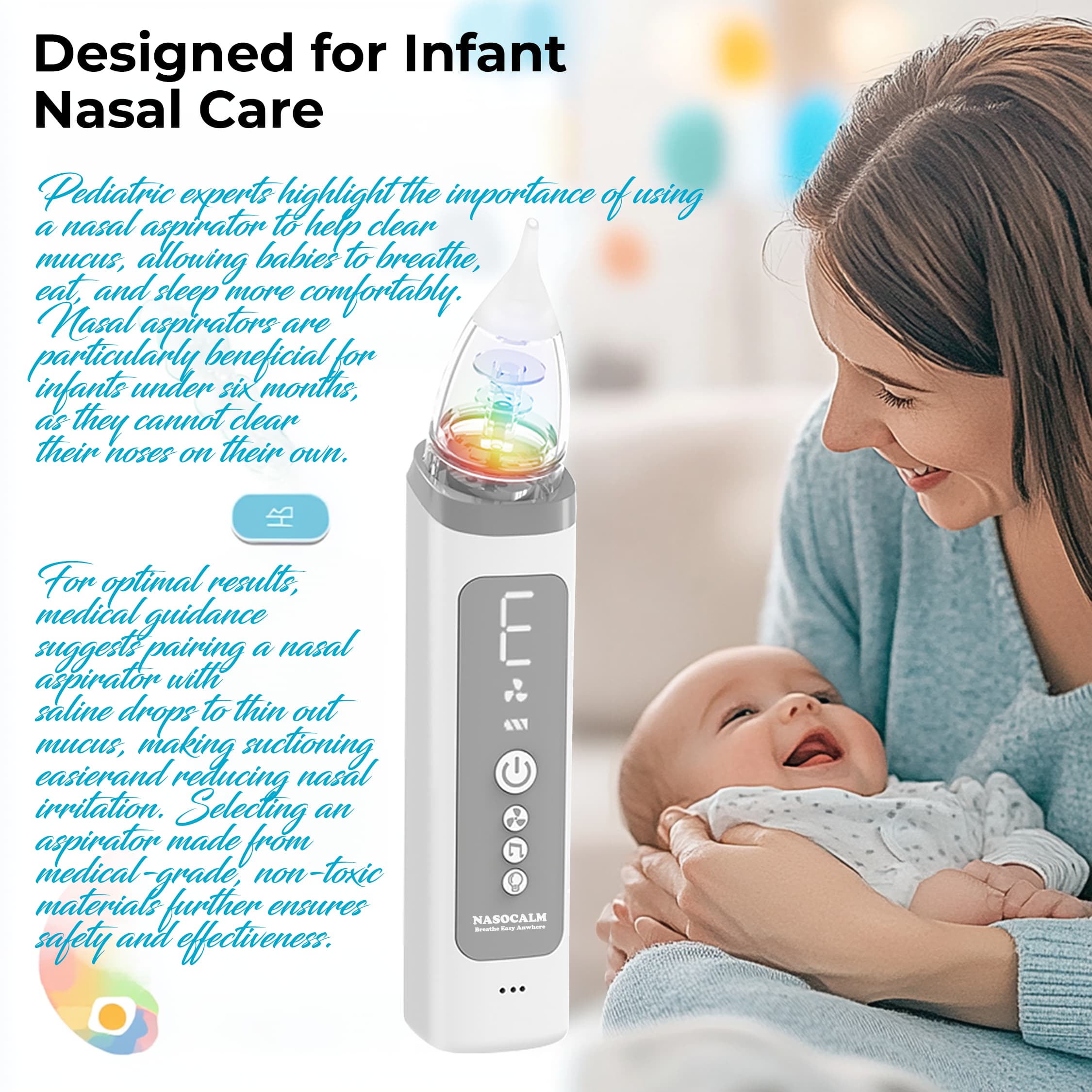 NASOCALM NASA009 Electric Baby Nasal Aspirator | Safe & Gentle Nose Cleaner for Infants & Toddlers | Adjustable Suction, LED Lights & Soothing Music | IPX5 Waterproof, Quiet, Portable & USB Rechargeable