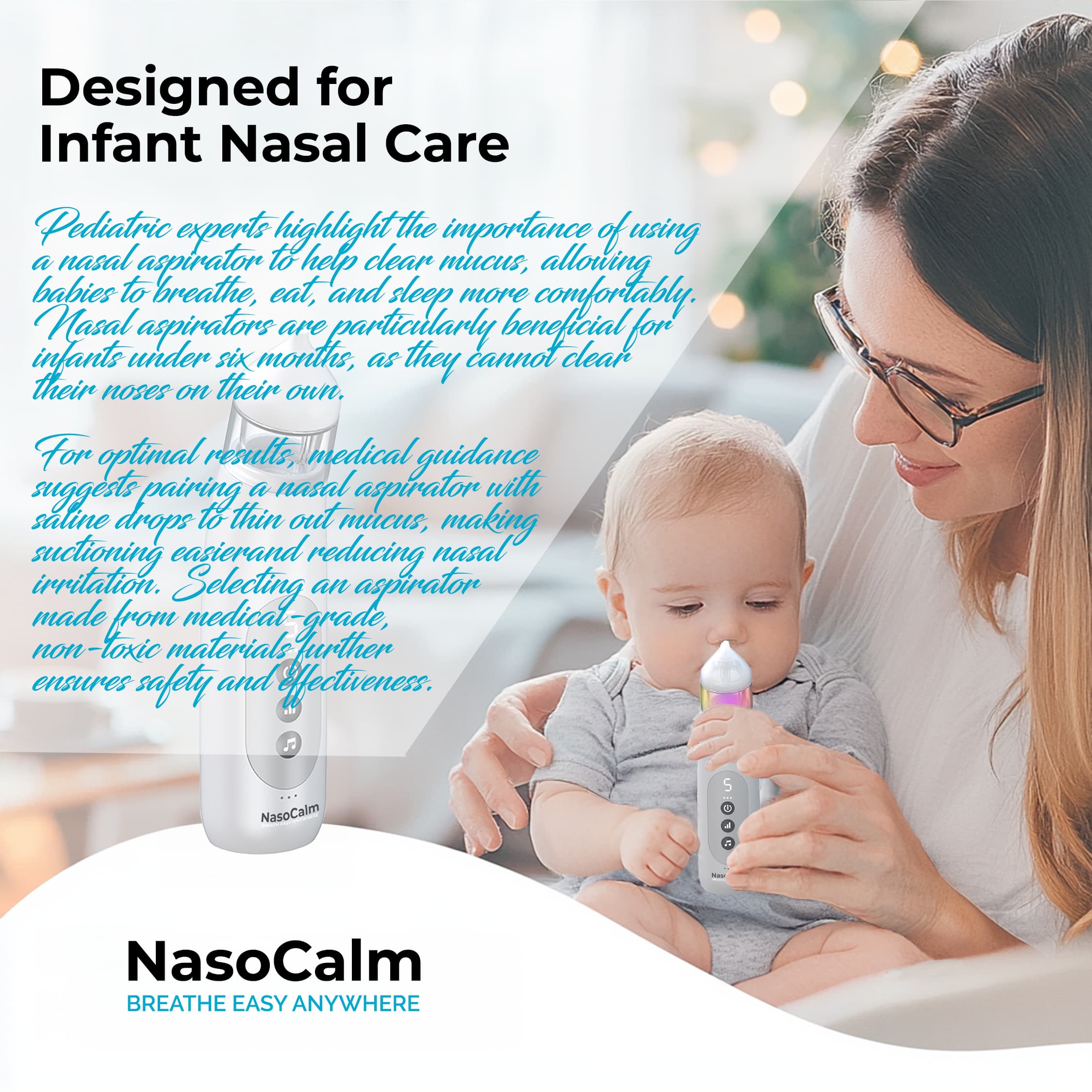 Nasocalm Portable Electric Nasal Aspirator for Infants & Toddlers – 5 Suction Levels, Ultra-Quiet, Anti-Backflow, LED Lights & Soothing Music, Easy-to-Clean, USB-C Rechargeable