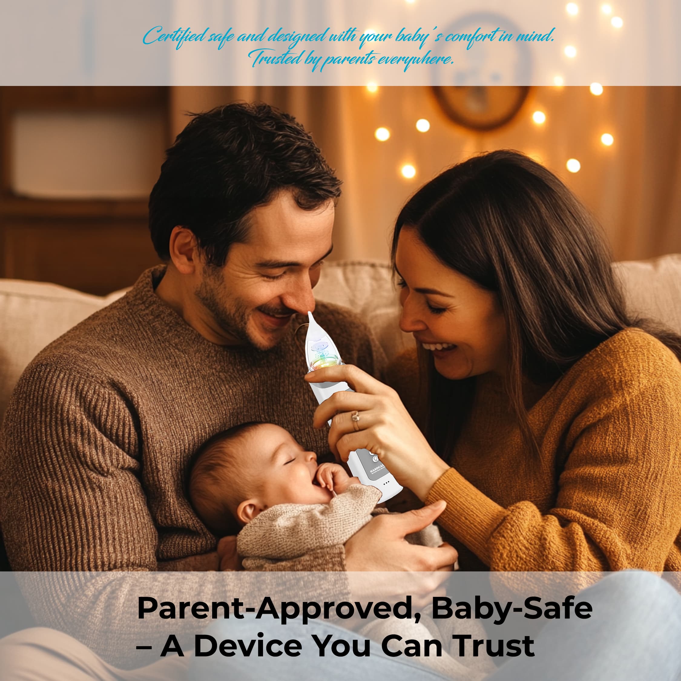 NASOCALM NASA009 Electric Baby Nasal Aspirator | Safe & Gentle Nose Cleaner for Infants & Toddlers | Adjustable Suction, LED Lights & Soothing Music | IPX5 Waterproof, Quiet, Portable & USB Rechargeable