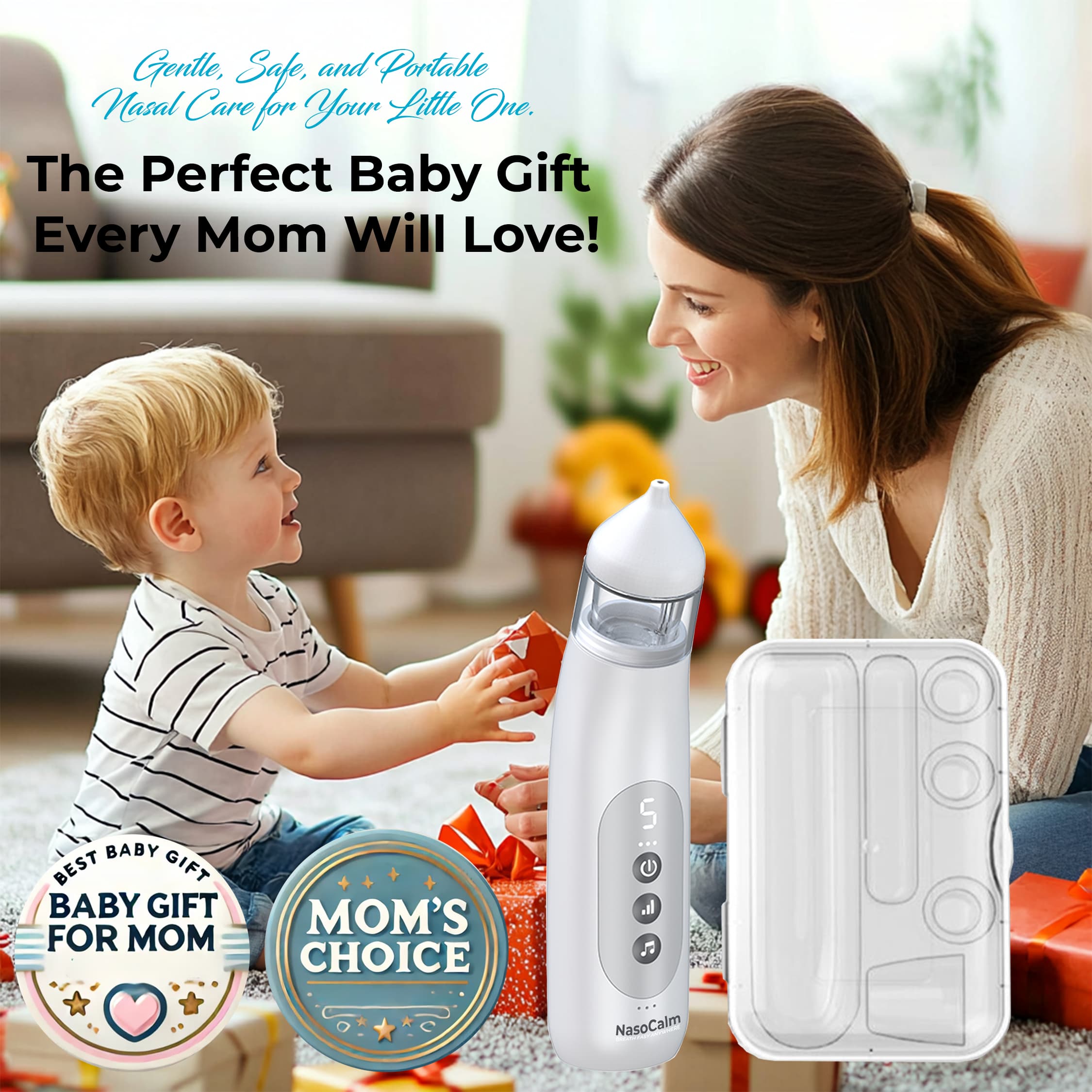 Nasocalm Portable Electric Nasal Aspirator for Infants & Toddlers – 5 Suction Levels, Ultra-Quiet, Anti-Backflow, LED Lights & Soothing Music, Easy-to-Clean, USB-C Rechargeable
