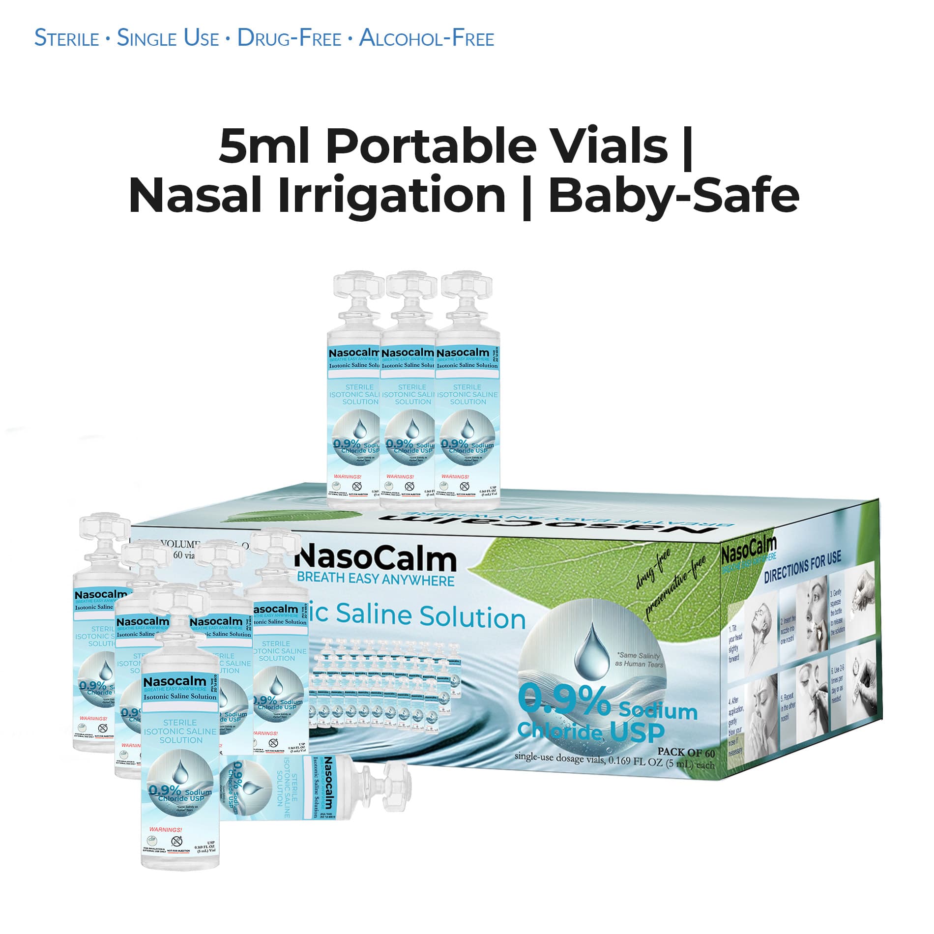 NASOCALM 0.9% Saline Solution 5ml Vials – Sterile, Preservative-Free, Single-Use Ampoules – 60-Pack – Nasal, Eye, and Wound Care – Hypoallergenic, Drug-Free, for All Ages