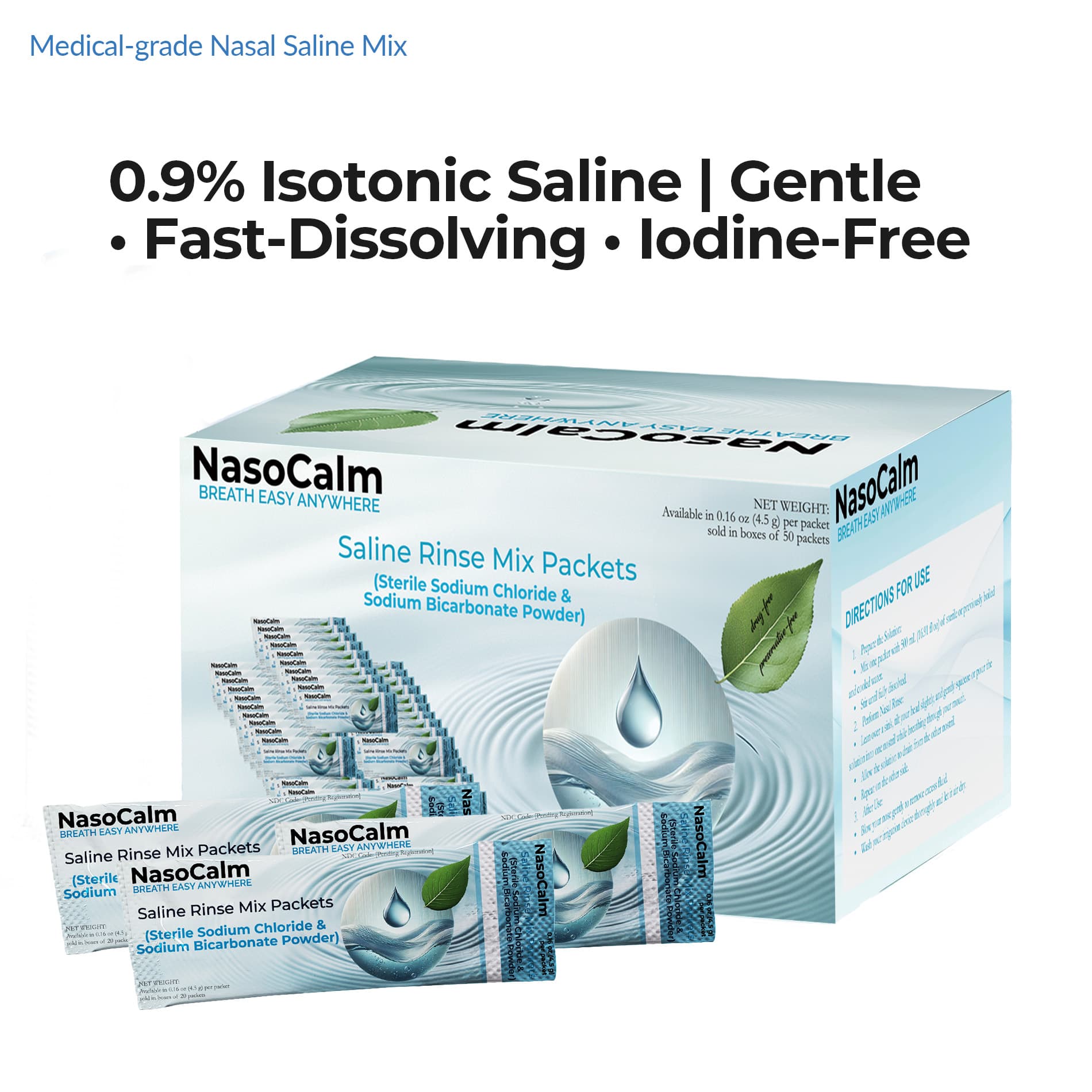 Nasocalm Saline Rinse Mix Packets – 50 Count – 4.5g Each – Sodium Chloride & Bicarbonate Powder for Nasal Irrigation, Congestion Relief, Sinus Rinse, Neti Pot Compatible, Iodine-Free, Non-Medicated