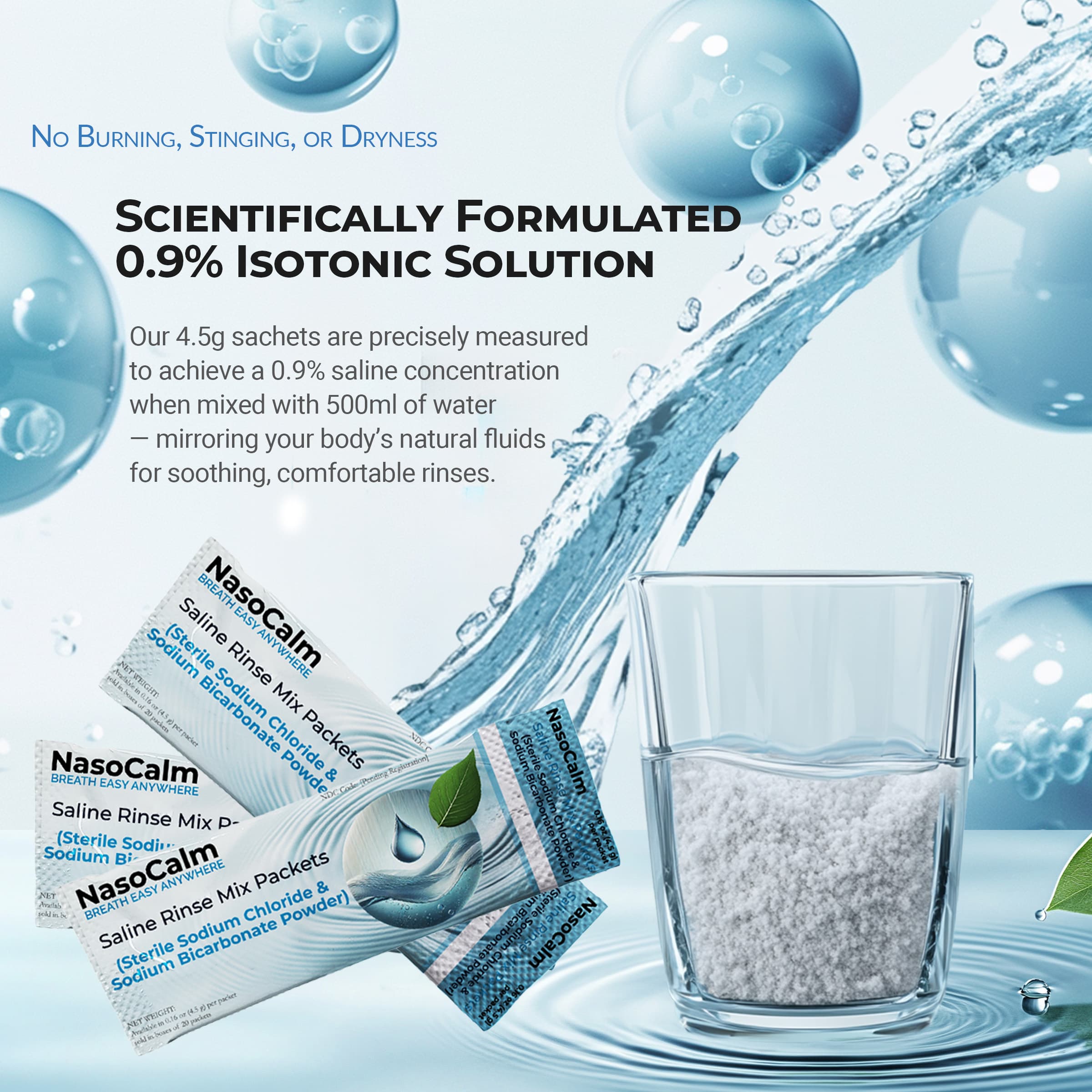 Nasocalm Saline Rinse Mix Packets – 50 Count – 4.5g Each – Sodium Chloride & Bicarbonate Powder for Nasal Irrigation, Congestion Relief, Sinus Rinse, Neti Pot Compatible, Iodine-Free, Non-Medicated