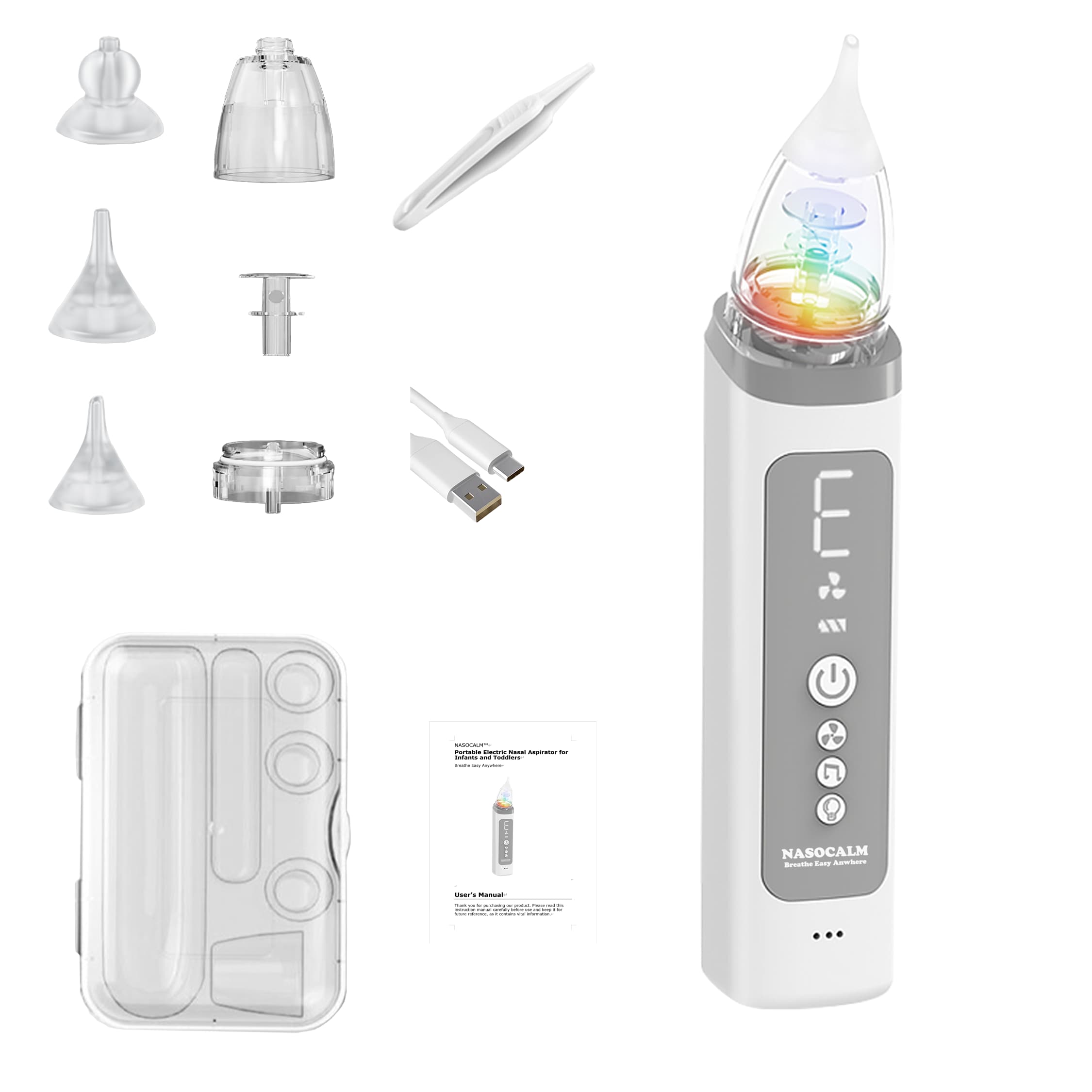 NASOCALM NASA009 Electric Baby Nasal Aspirator | Safe & Gentle Nose Cleaner for Infants & Toddlers | Adjustable Suction, LED Lights & Soothing Music | IPX5 Waterproof, Quiet, Portable & USB Rechargeable