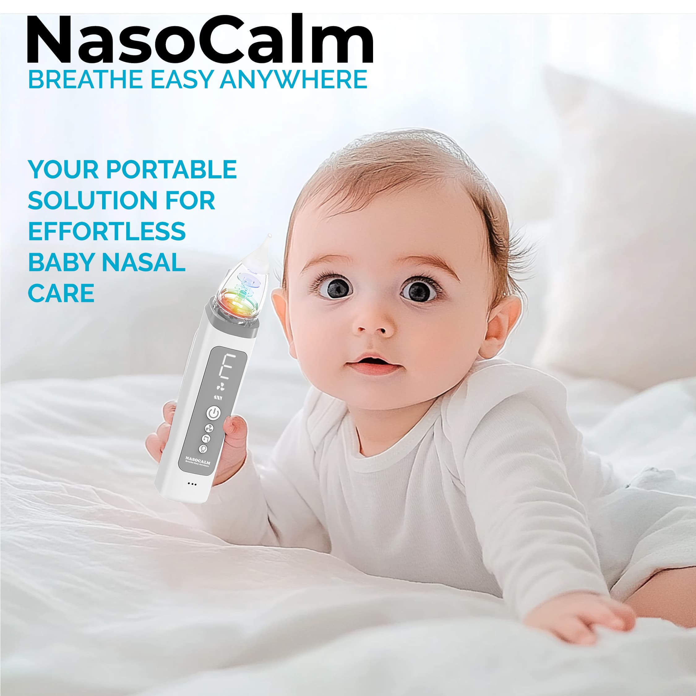 NASOCALM NASA009 Electric Baby Nasal Aspirator | Safe & Gentle Nose Cleaner for Infants & Toddlers | Adjustable Suction, LED Lights & Soothing Music | IPX5 Waterproof, Quiet, Portable & USB Rechargeable