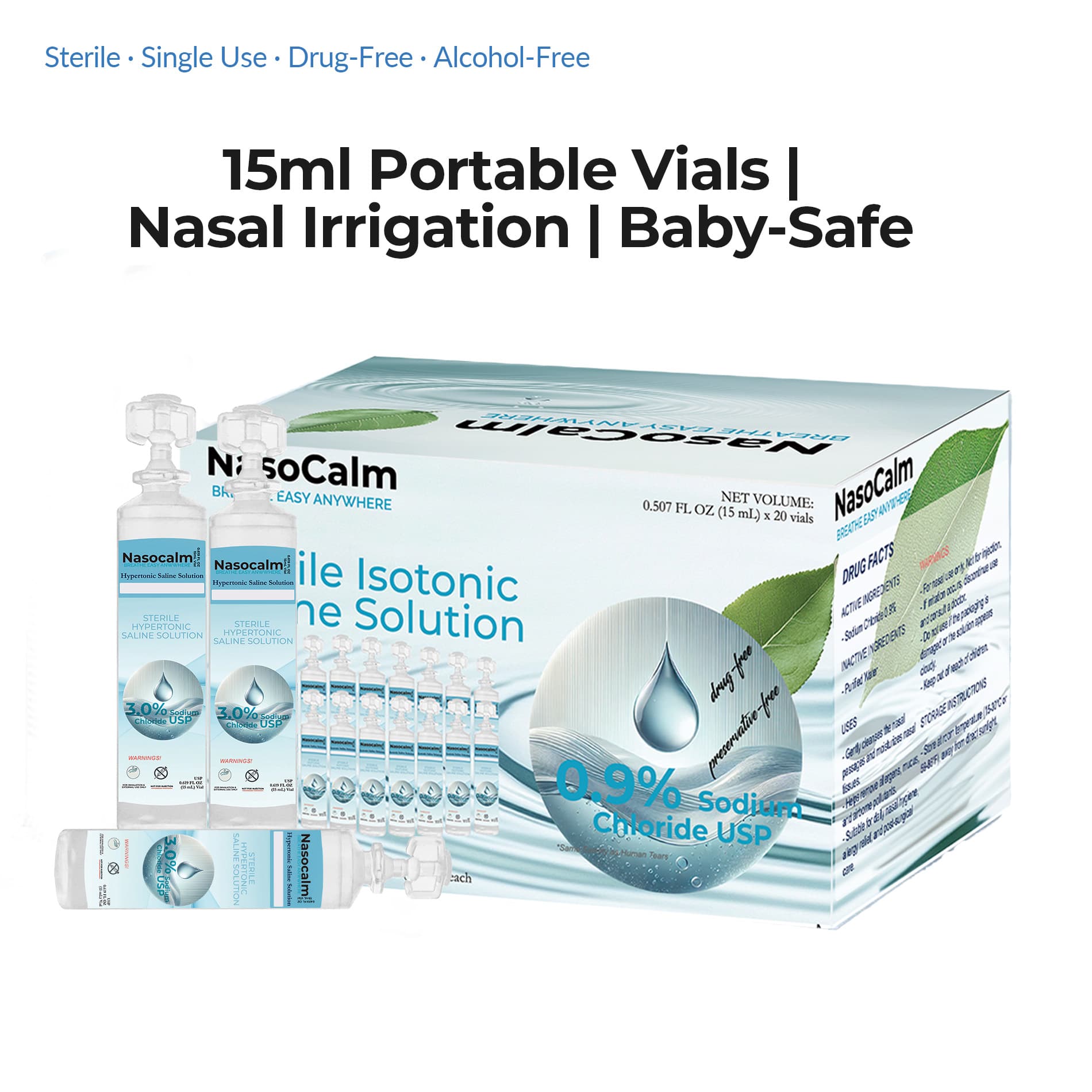 NASOCALM 0.9% Saline Solution 15ml Vials – Sterile, Preservative-Free, Single-Use Ampoules – 20-Pack – Nasal, Eye, and Wound Care – Hypoallergenic, Drug-Free, for All Ages