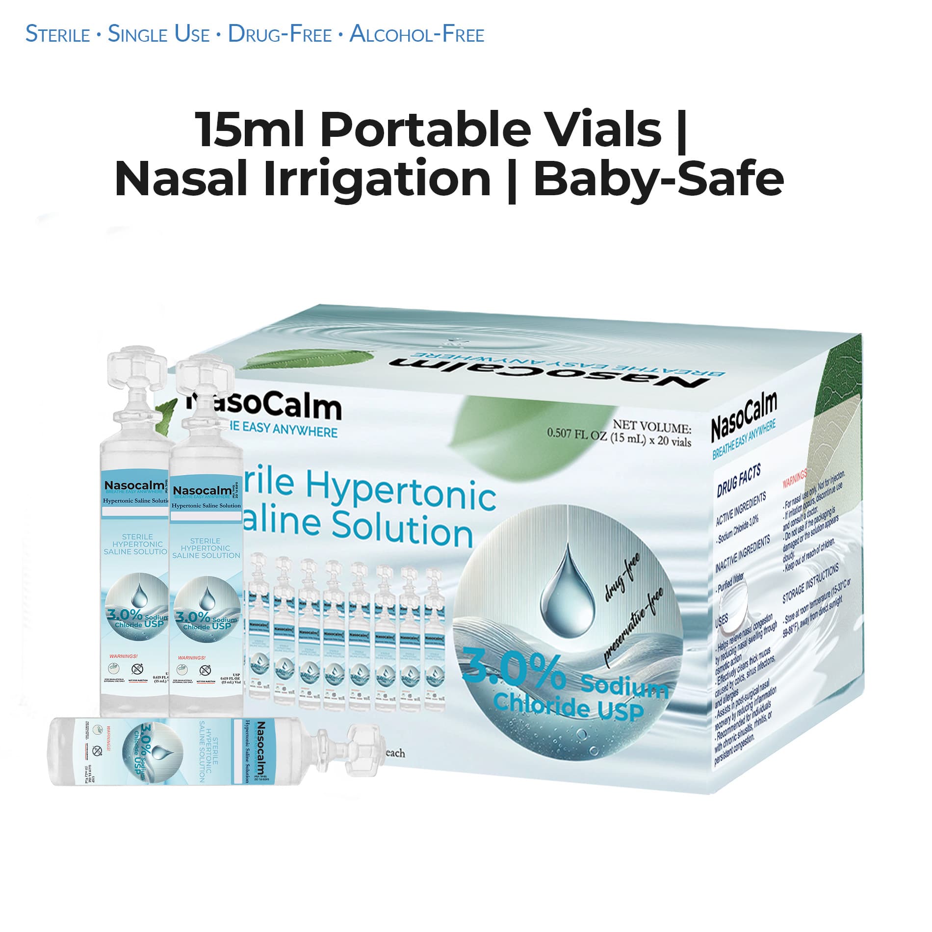 Nasocalm 3.0% Hypertonic Saline Nasal Solution – 20 Sterile Single-Use Vials (15ml) | Drug-Free, Alcohol-Free OTC Nasal Rinse | Baby Safe, Mom Approved | Compact Disposable Vial Design | FDA NDC Registered