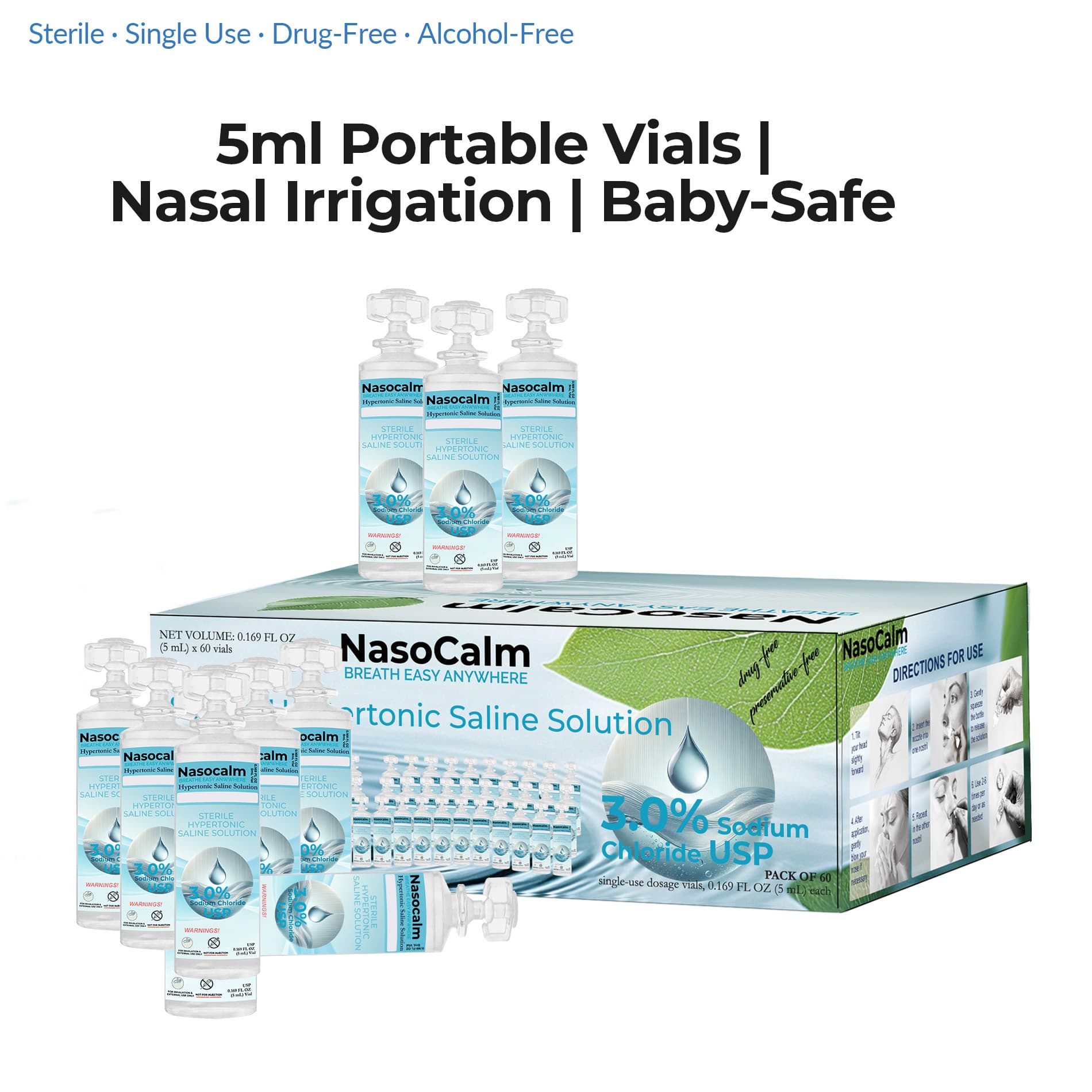 Nasocalm 3.0% Hypertonic Saline Nasal Solution – 60 Sterile Single-Use Vials (5ml) | Drug-Free, Alcohol-Free OTC Nasal Rinse | Baby Safe, Mom Approved | Compact Disposable Vial Design | FDA NDC Registered
